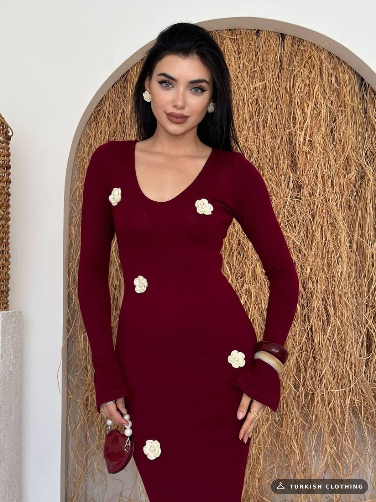 Major Flower Detailed Dress — Burgundy in Acrylic – wholesale Women's Dresses by Etika, Turkish clothing manufacturer