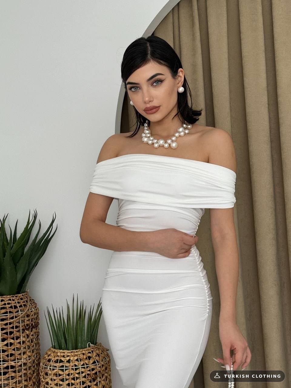 Milan Madonna Collar Pencil Dress — White in Poplin · – wholesale Women's Dresses by Etika, Turkish clothing