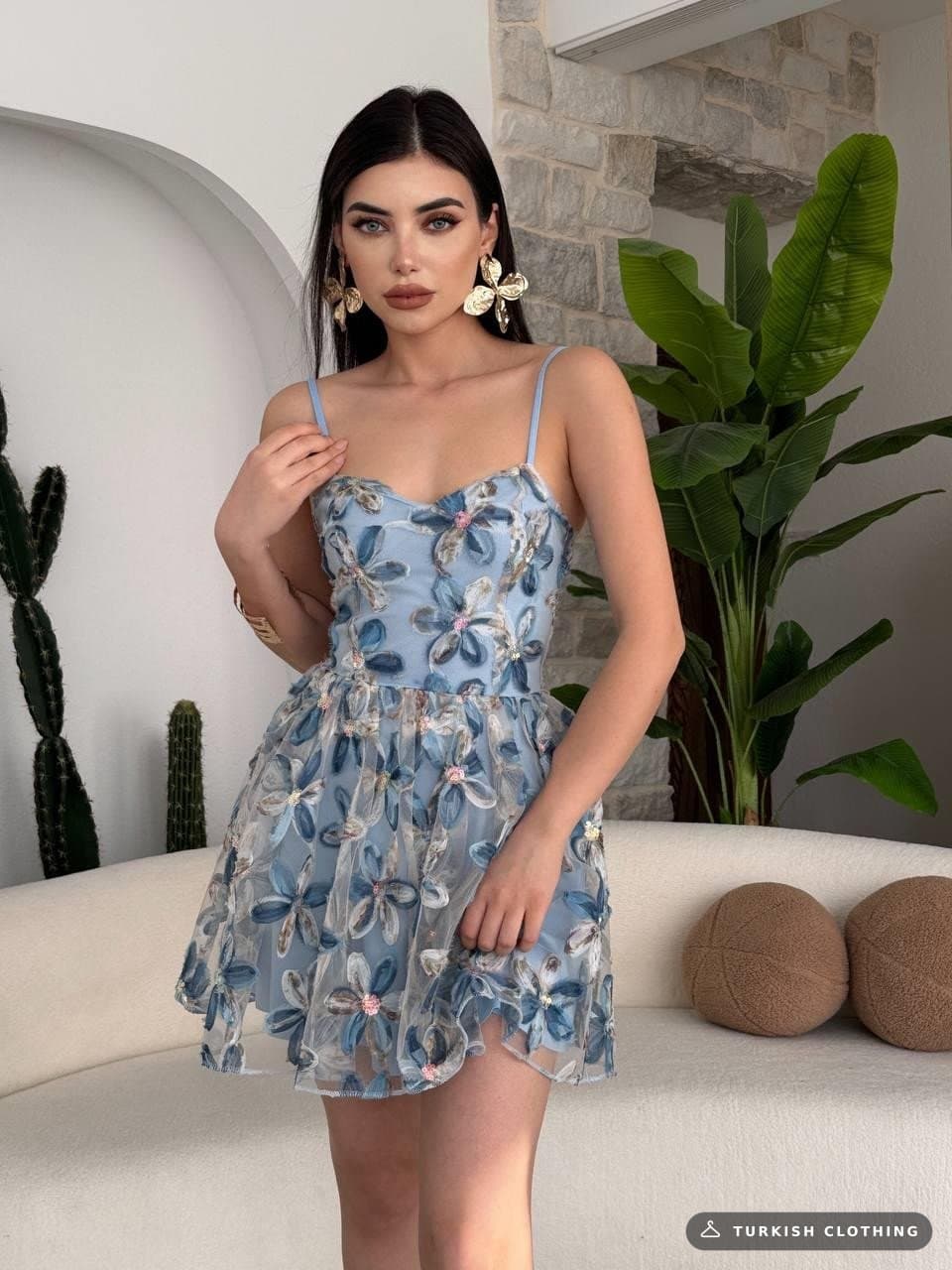 Moca Rope Strap Dress — Floral Print Blue – wholesale Women's Dresses by Etika, Turkish clothing manufacturer