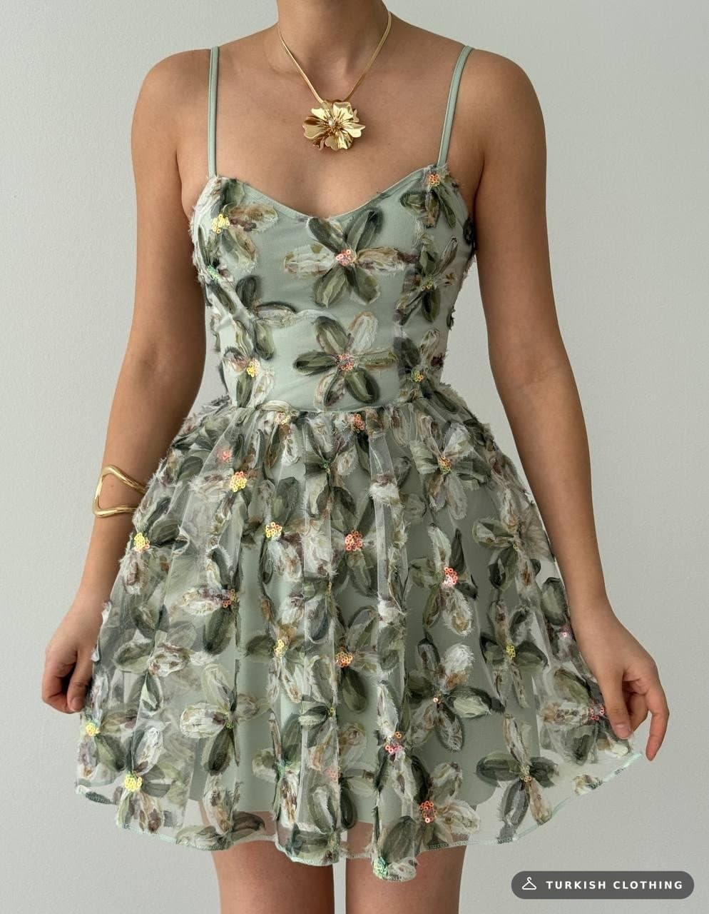 Moca Rope Strap Dress — Floral Print Green – wholesale Women's Dresses by Etika, Turkish clothing manufacturer