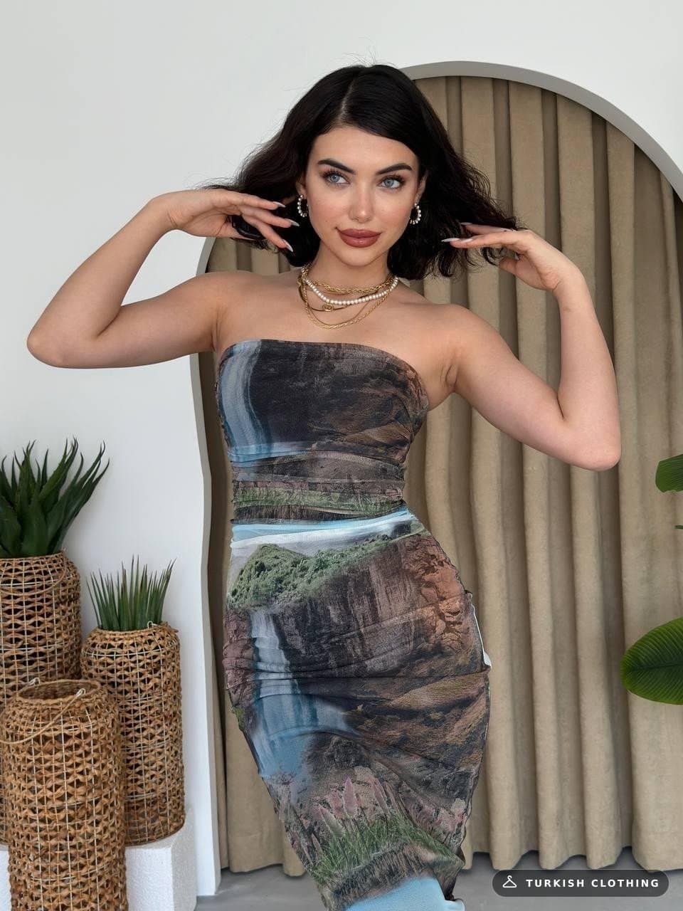 Mountain Strapless Tulle Dress — Patterned – wholesale Women's Dresses by Etika, Turkish clothing manufacturer