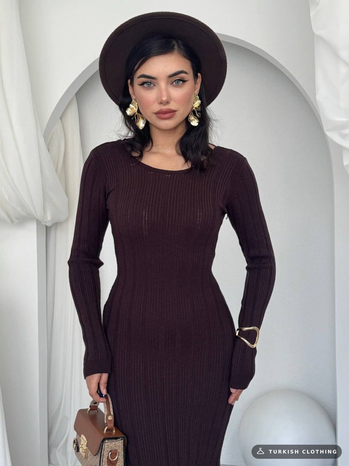 Olersan Back Tie Detail Dress — Brown – wholesale Women's Dresses by Etika, Turkish clothing manufacturer
