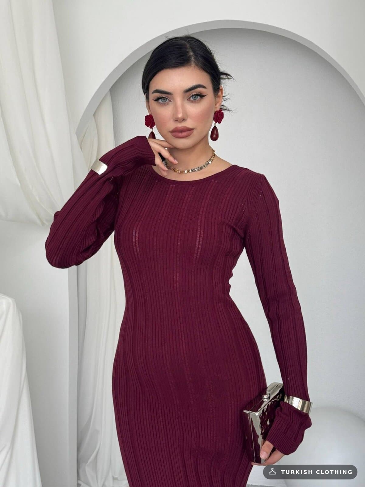 Olersan Back Tie Detail Dress — Burgundy – wholesale Women's Dresses by Etika, Turkish clothing manufacturer