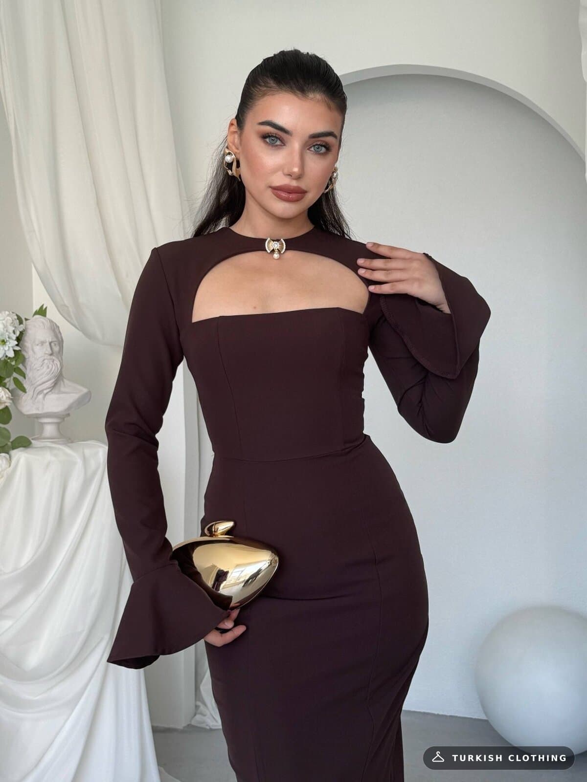 Oplsa Brooch Detailed Dress — Brown in Satin – wholesale Women's Dresses by Etika, Turkish clothing manufacturer