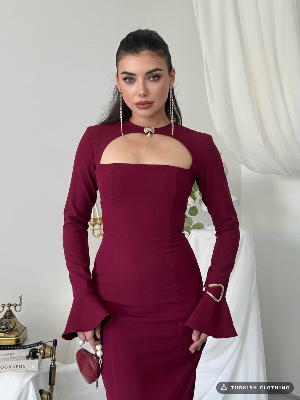 Oplsa Brooch Detailed Dress — Burgundy in Satin – wholesale Women's Dresses by Etika, Turkish clothing manufacturer