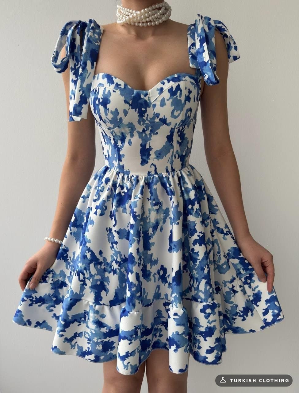 Orew Shoulder Tie Dress — Floral Print Blue – wholesale Women's Dresses by Etika, Turkish clothing manufacturer