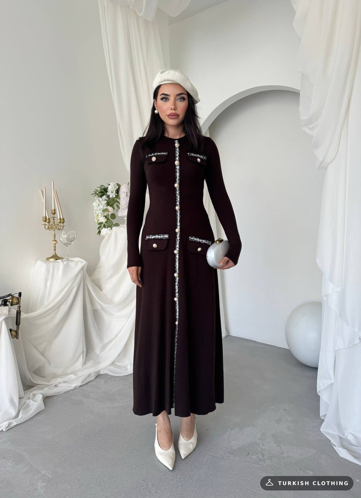 Orla Button Detailed Dress — Brown in Poplin – wholesale Women's Dresses by Etika, Turkish clothing manufacturer