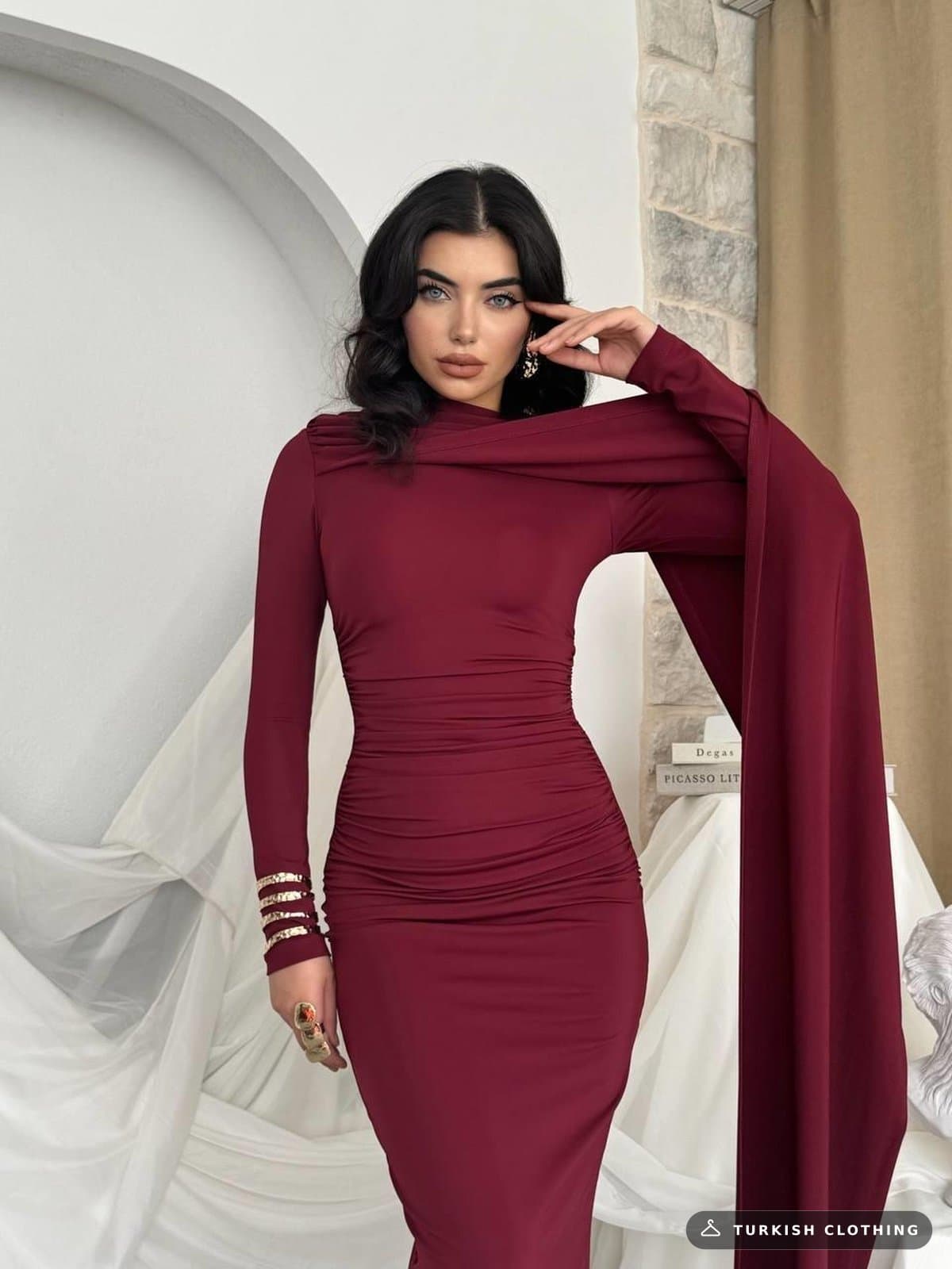 Orlean Shawl Sleeve Detailed Dress — Burgundy in Diver – wholesale Women's Dresses by Etika, Turkish clothing manufacturer