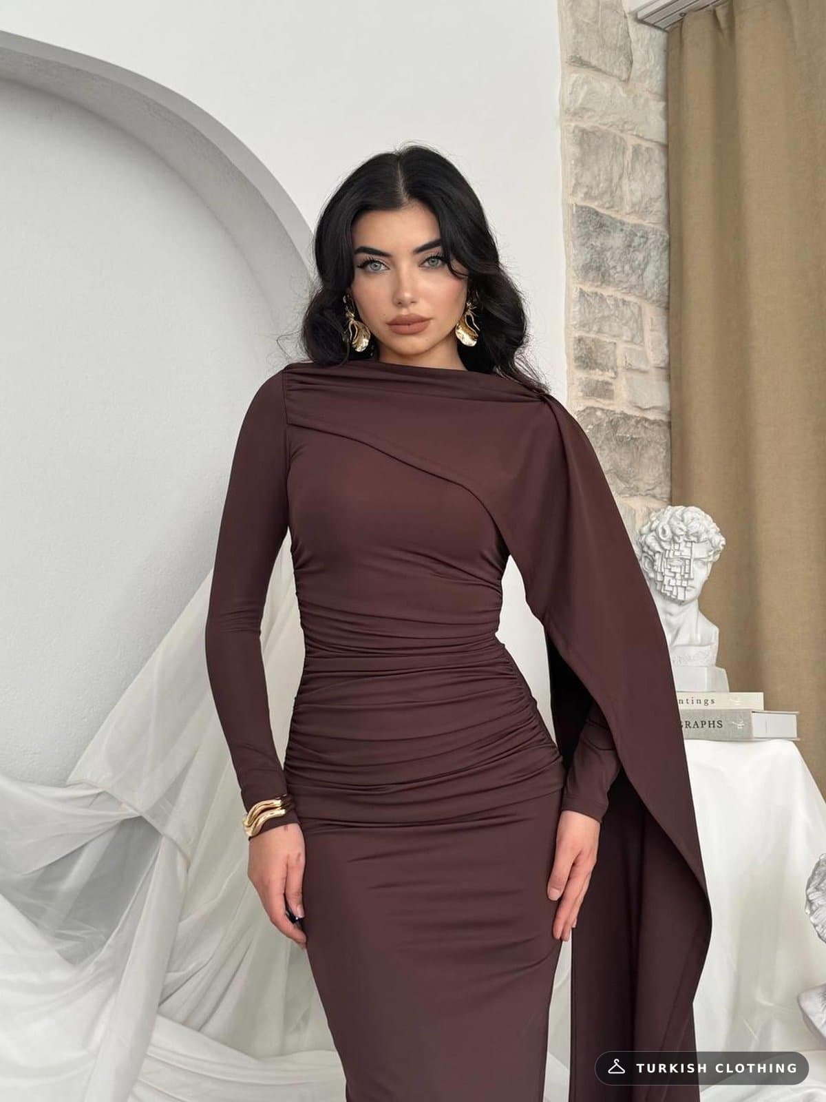 Orlean Shawl Sleeve Detailed Dress — Brown in Diver – wholesale Women's Dresses by Etika, Turkish clothing manufacturer