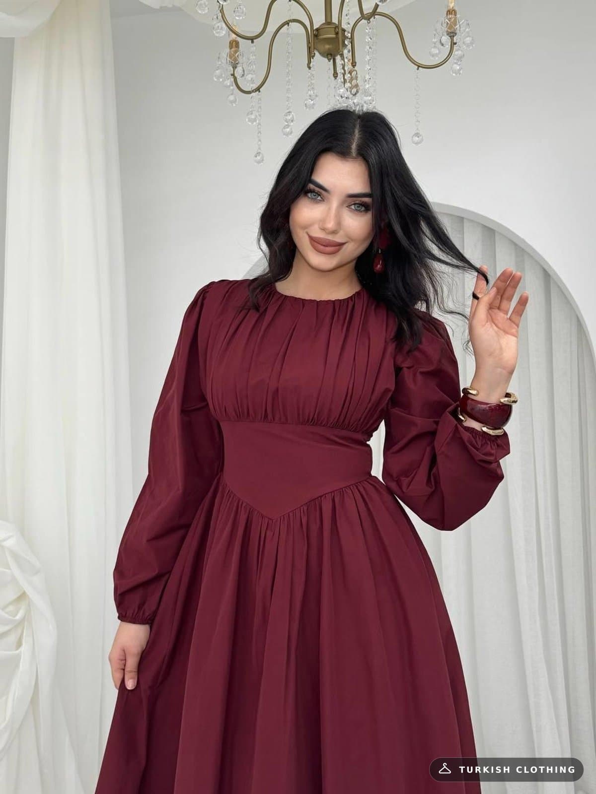 Overa Bodice Detailed Dress — Burgundy in Poplin – wholesale Women's Dresses by Etika, Turkish clothing manufacturer