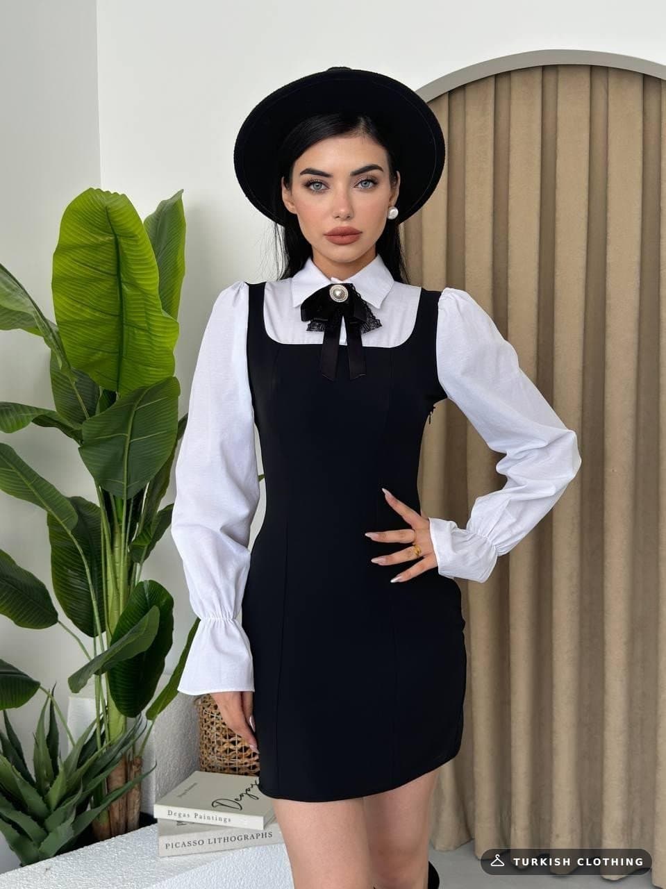 Penny Collar Brooch Mini Dress — Black White in Poplin · – wholesale Women's Dresses by Etika, Turkish clothing