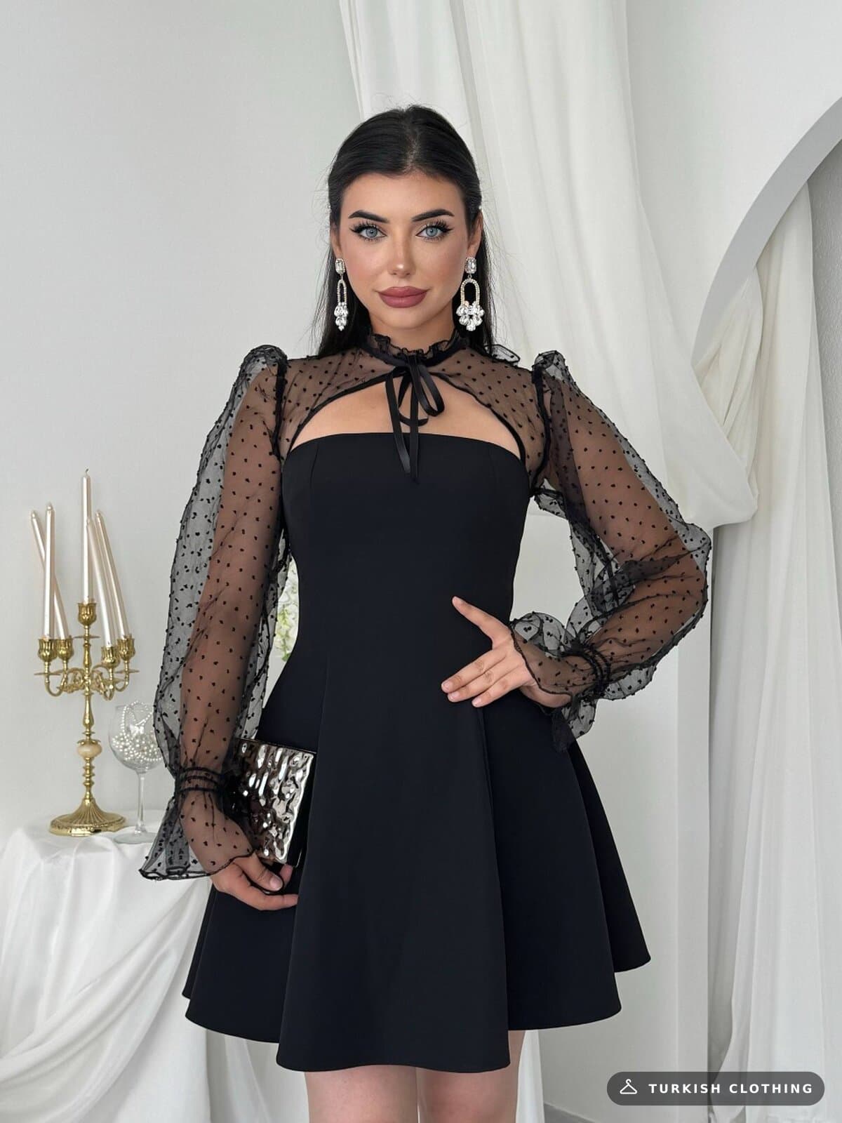 Poges Mini Dress — Black in Satin - tulle – wholesale Women's Dresses by Etika, Turkish clothing manufacturer