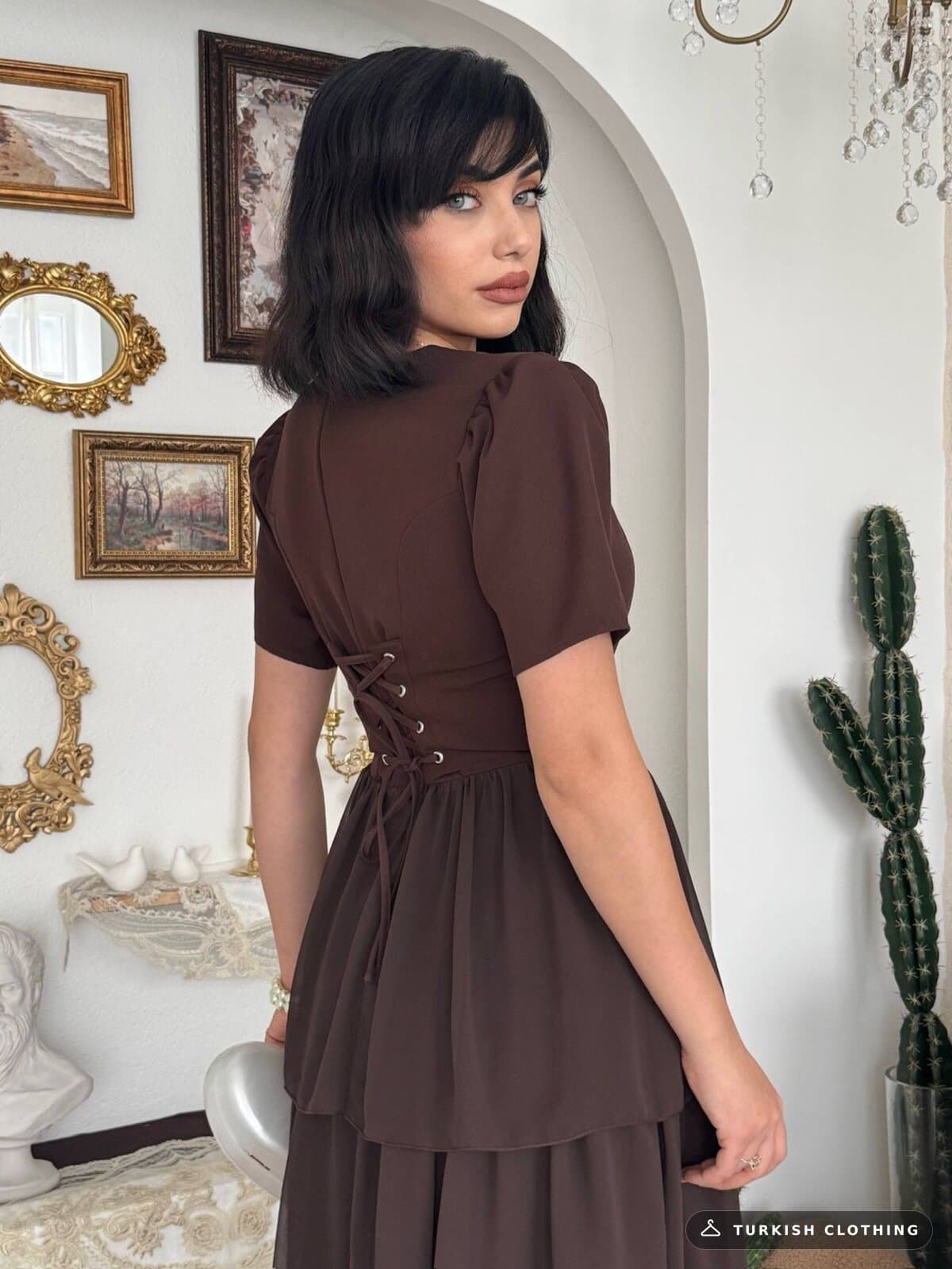 Pola Back Bodice Detailed Dress — Brown in Chiffon - Satin – wholesale Women's Dresses by Etika, Turkish clothing