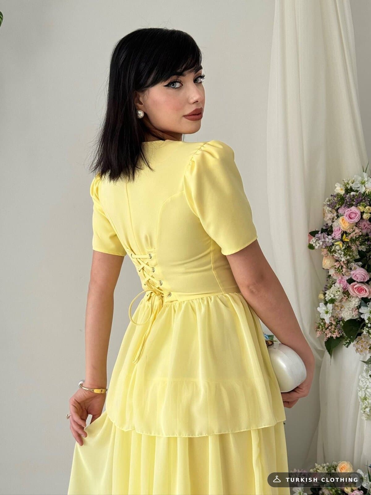 Pola Back Bodice Detailed Dress — Yellow in Chiffon - Satin – wholesale Women's Dresses by Etika, Turkish clothing