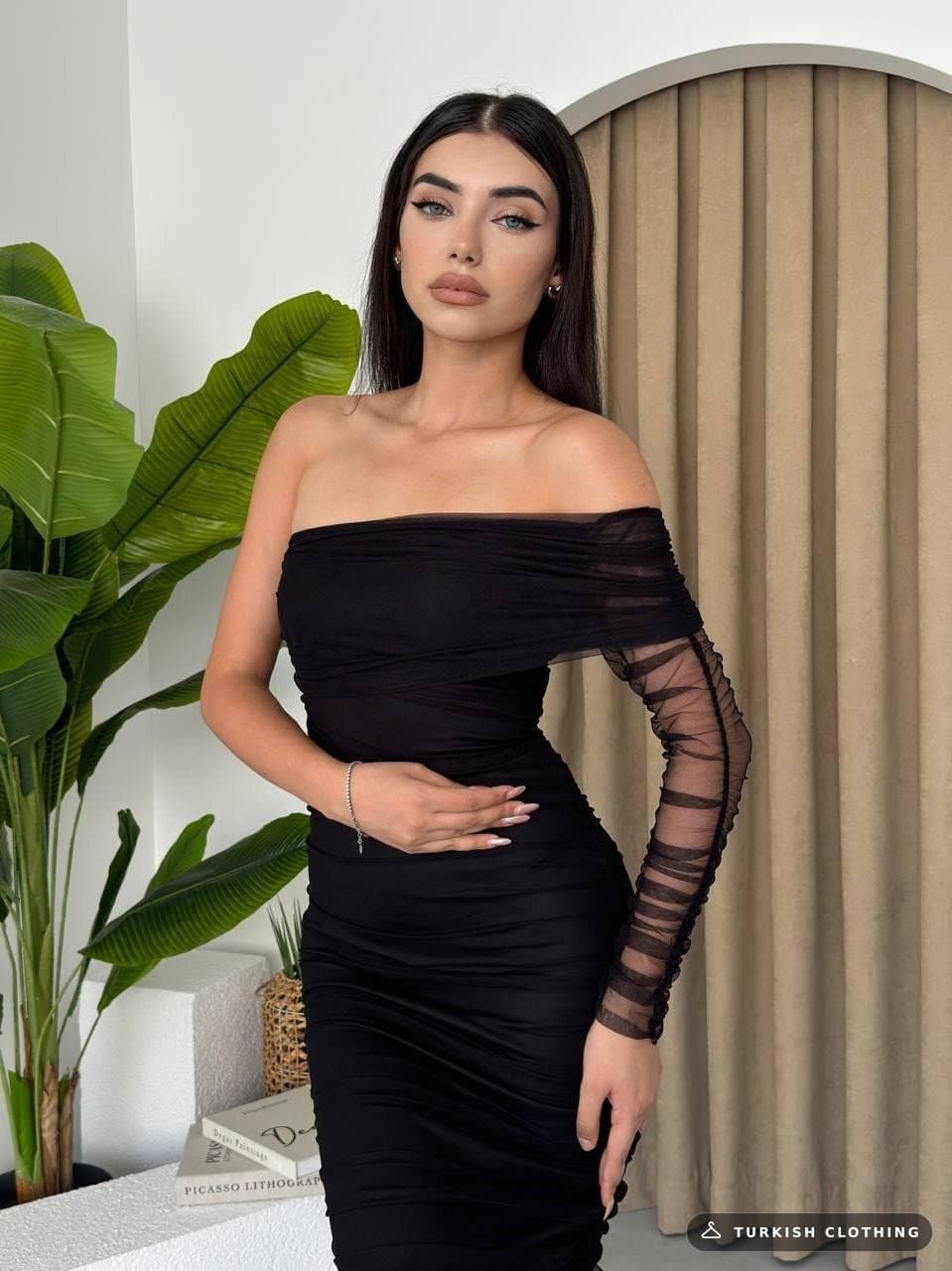 Polack One Shoulder Tulle Dress — Black in Poplin – wholesale Women's Dresses by Etika, Turkish clothing manufacturer