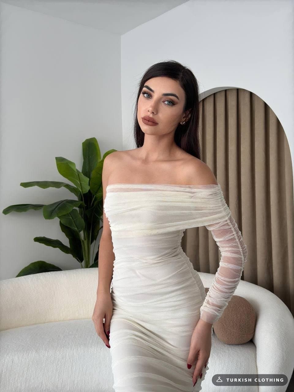 Polack One Shoulder Tulle Dress — Ecru in Poplin – wholesale Women's Dresses by Etika, Turkish clothing manufacturer
