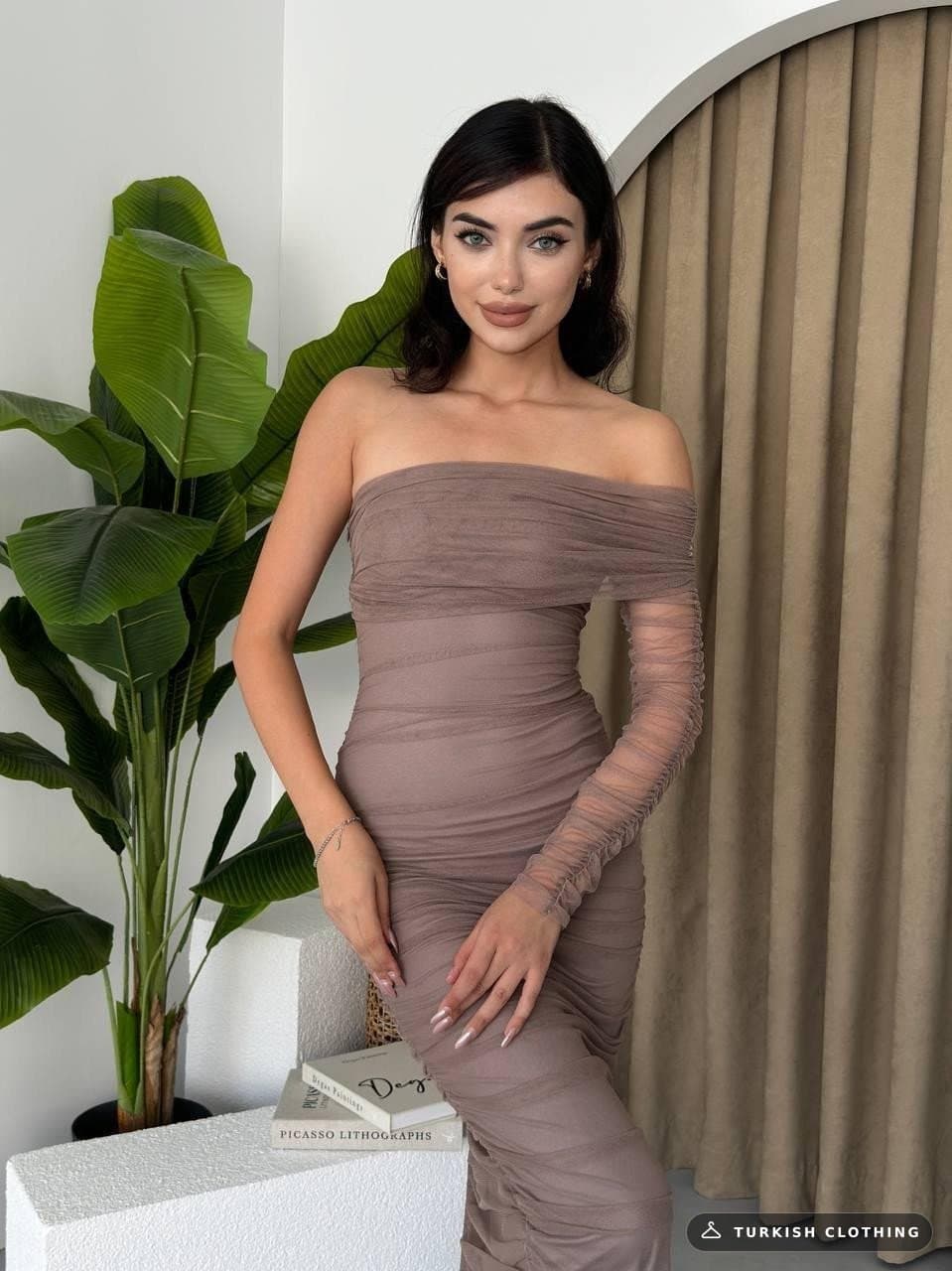 Polack One Shoulder Tulle Dress — Mink in Poplin – wholesale Women's Dresses by Etika, Turkish clothing manufacturer