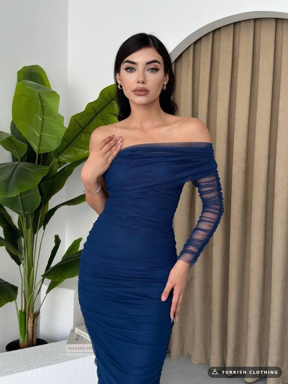 Polack One Shoulder Tulle Dress — Navy in Poplin – wholesale Women's Dresses by Etika, Turkish clothing manufacturer