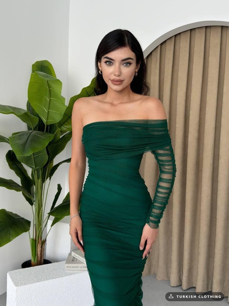 Polack One Shoulder Tulle Dress — PETROL Green in Poplin – wholesale Women's Dresses by Etika, Turkish clothing manufacturer