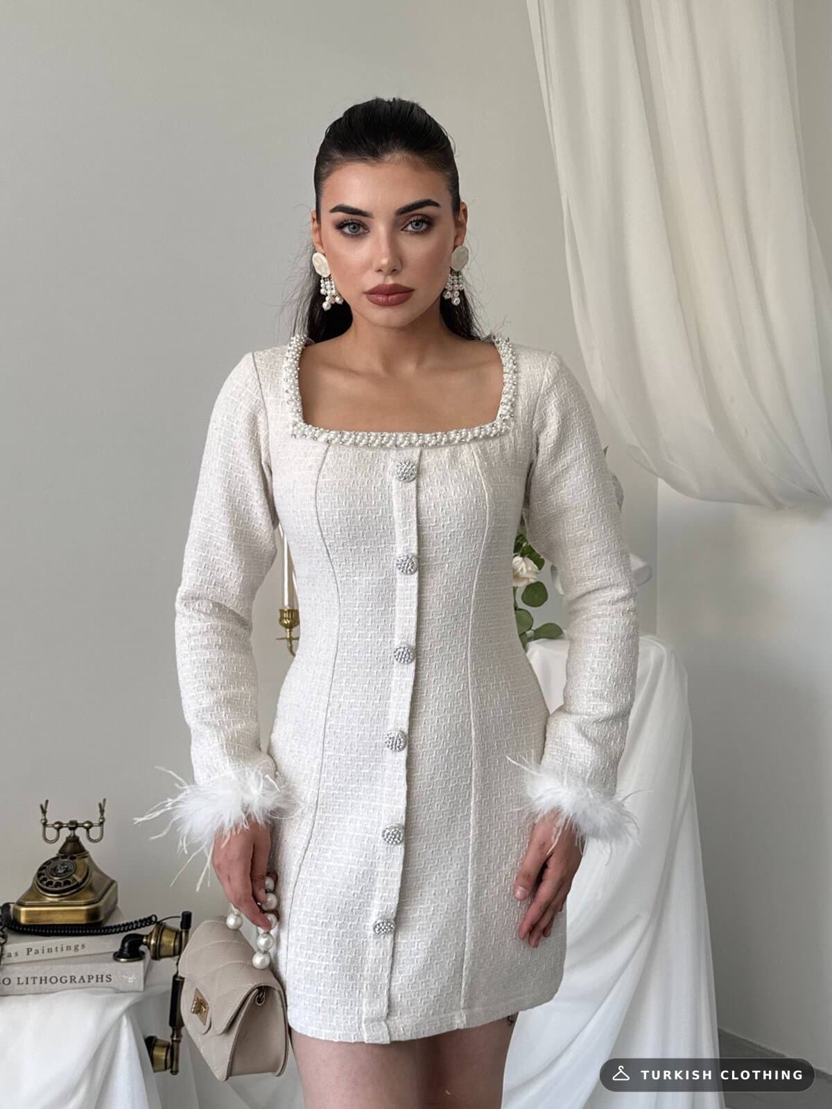 Poner Button Detailed Dress — Ecru in Chanel – wholesale Women's Dresses by Etika, Turkish clothing manufacturer