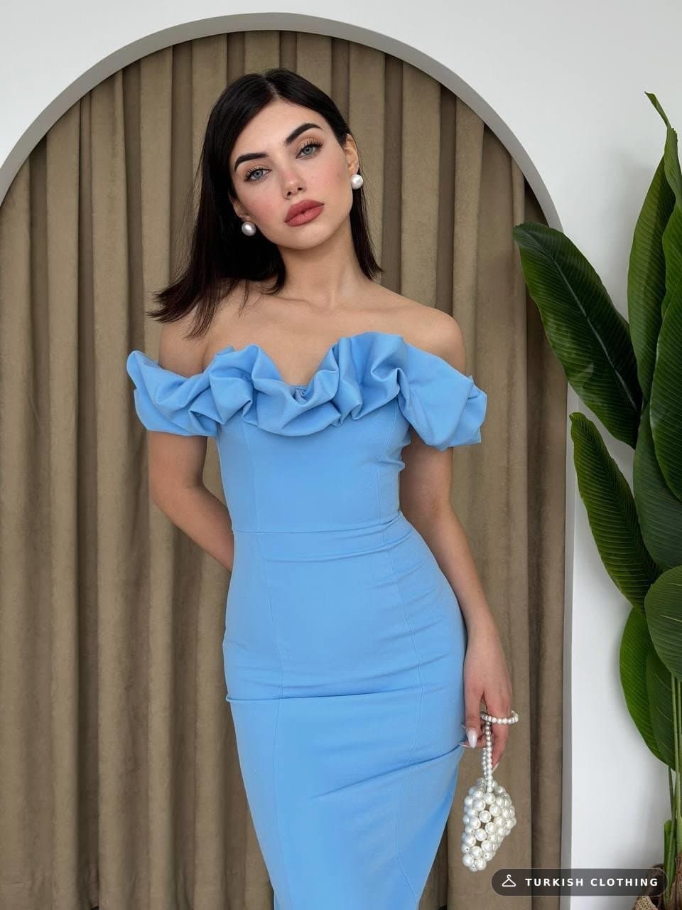 Popi Madonna Collar Pencil Dress — Baby Blue in Poplin · – wholesale Women's Dresses by Etika, Turkish clothing