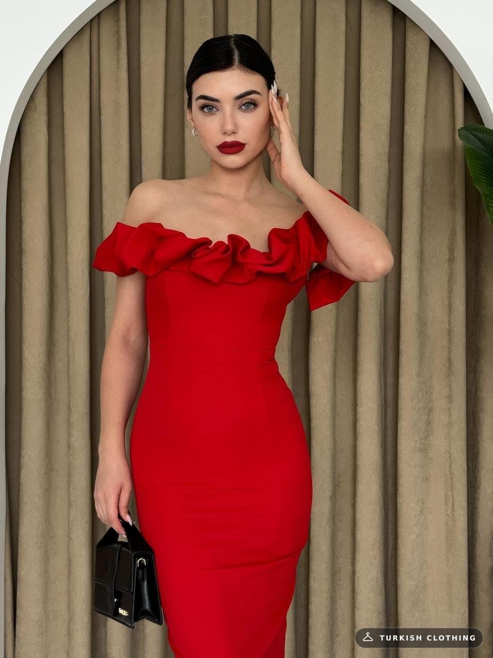 Popi Madonna Collar Pencil Dress — Red in Poplin · – wholesale Women's Dresses by Etika, Turkish clothing manufacturer