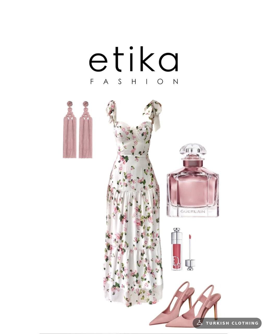 Poses Shoulder Tie Dress — Floral Print Pink – wholesale Women's Dresses by Etika, Turkish clothing manufacturer