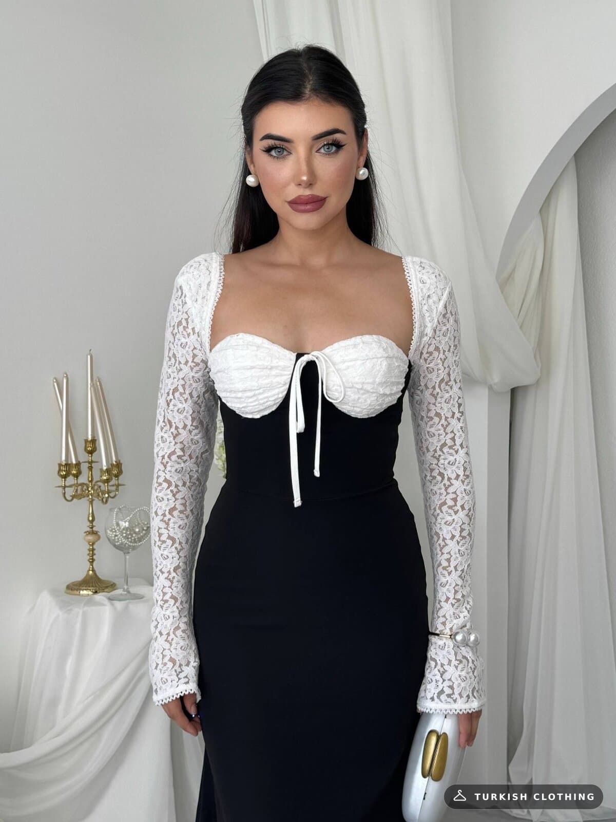 Retas Midi Dress — Black in Satin - lace – wholesale Women's Dresses by Etika, Turkish clothing manufacturer