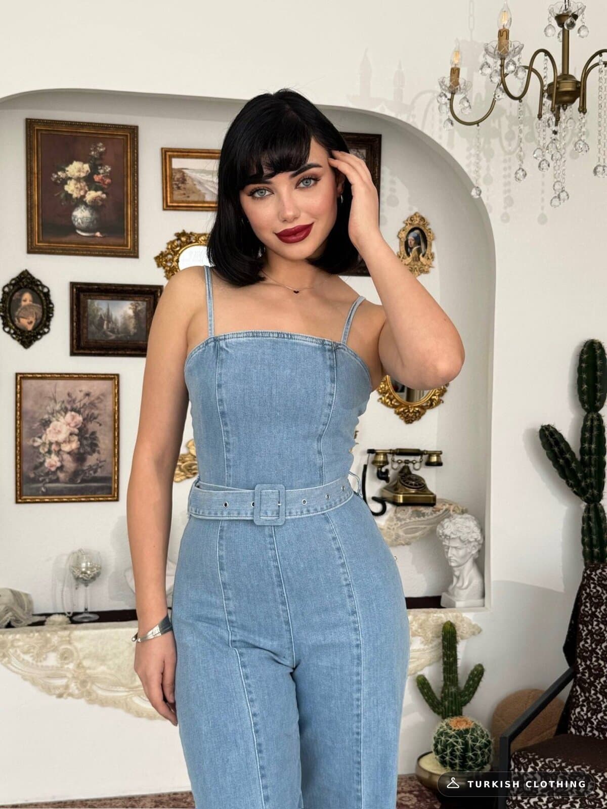 Slupe Belt Detailed Jumpsuit — Light Blue in Denim – wholesale Women's Dresses by Etika, Turkish clothing manufacturer