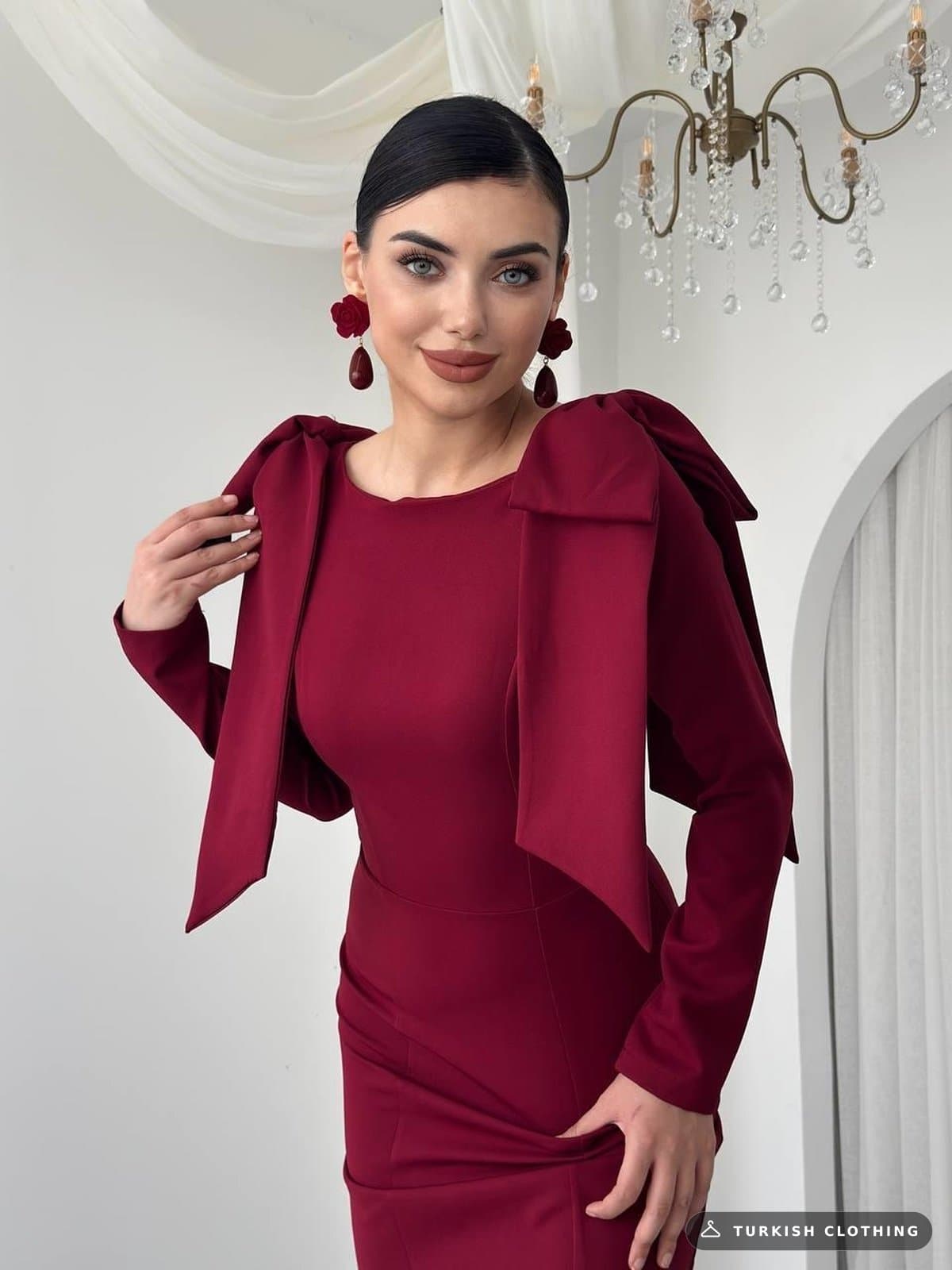Tiv Lace & Button Detailed Dress — Burgundy in Satin – wholesale Women's Dresses by Etika, Turkish clothing manufacturer