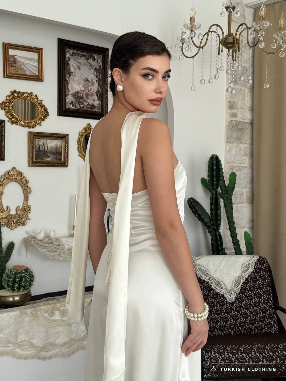 Ulsez Strapless Shawl Detailed Dress — Ecru in Satin – wholesale Women's Dresses by Etika, Turkish clothing manufacturer