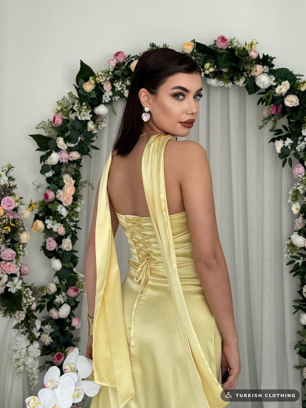 Ulsez Strapless Shawl Detailed Dress — Yellow in Satin – wholesale Women's Dresses by Etika, Turkish clothing manufacturer