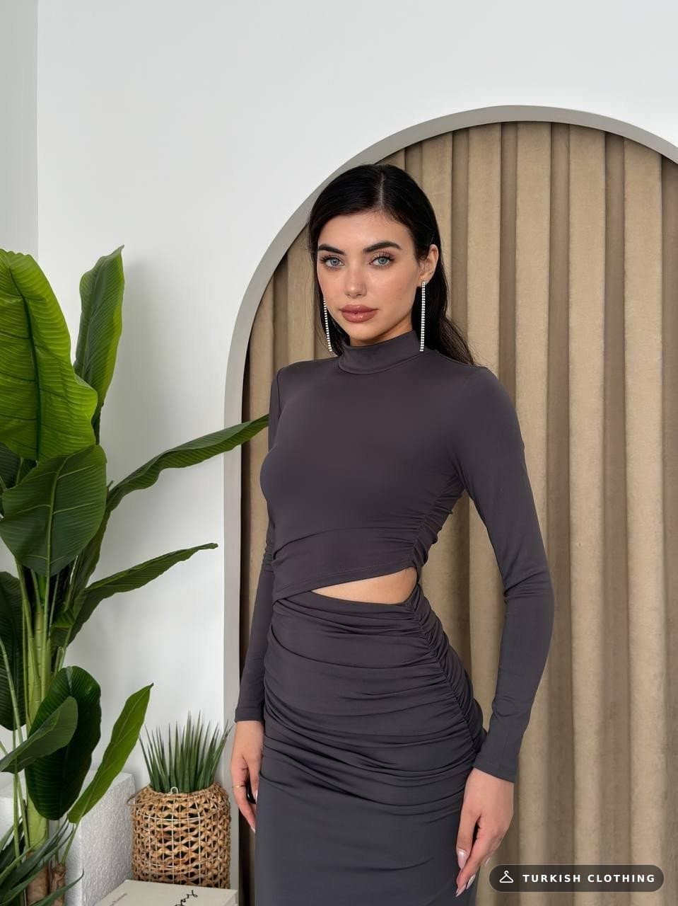 Venus Waist Detailed Dress — Smoke Gray in Poplin · – wholesale Women's Dresses by Etika, Turkish clothing manufacturer