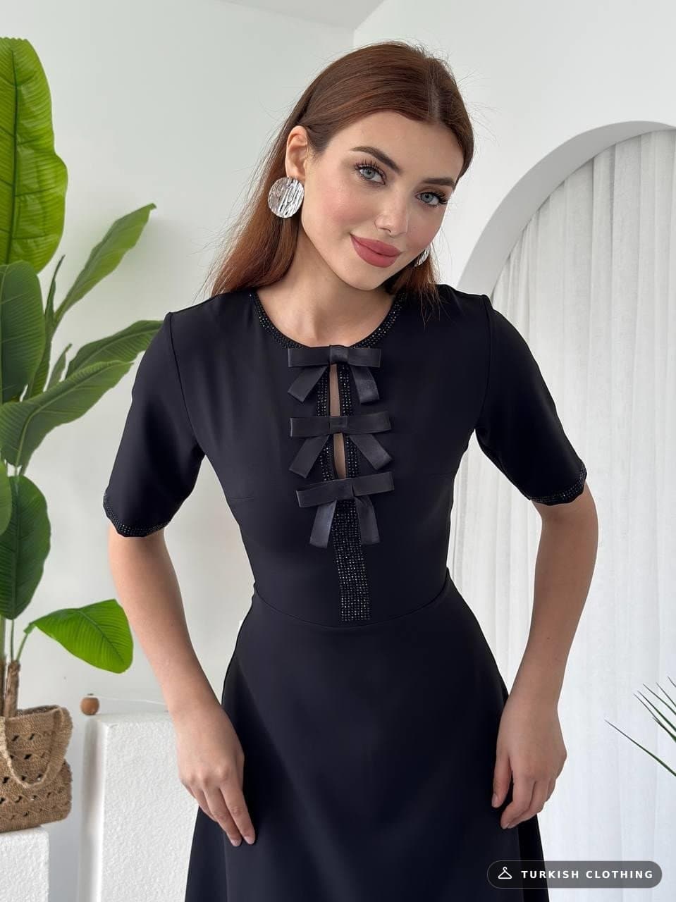 Wera Stoned Bow Detailed Dress — Black in Satin – wholesale Women's Dresses by Etika, Turkish clothing manufacturer