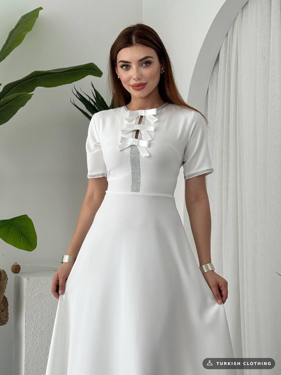 Wera Stoned Bow Detailed Dress — White in Satin – wholesale Women's Dresses by Etika, Turkish clothing manufacturer