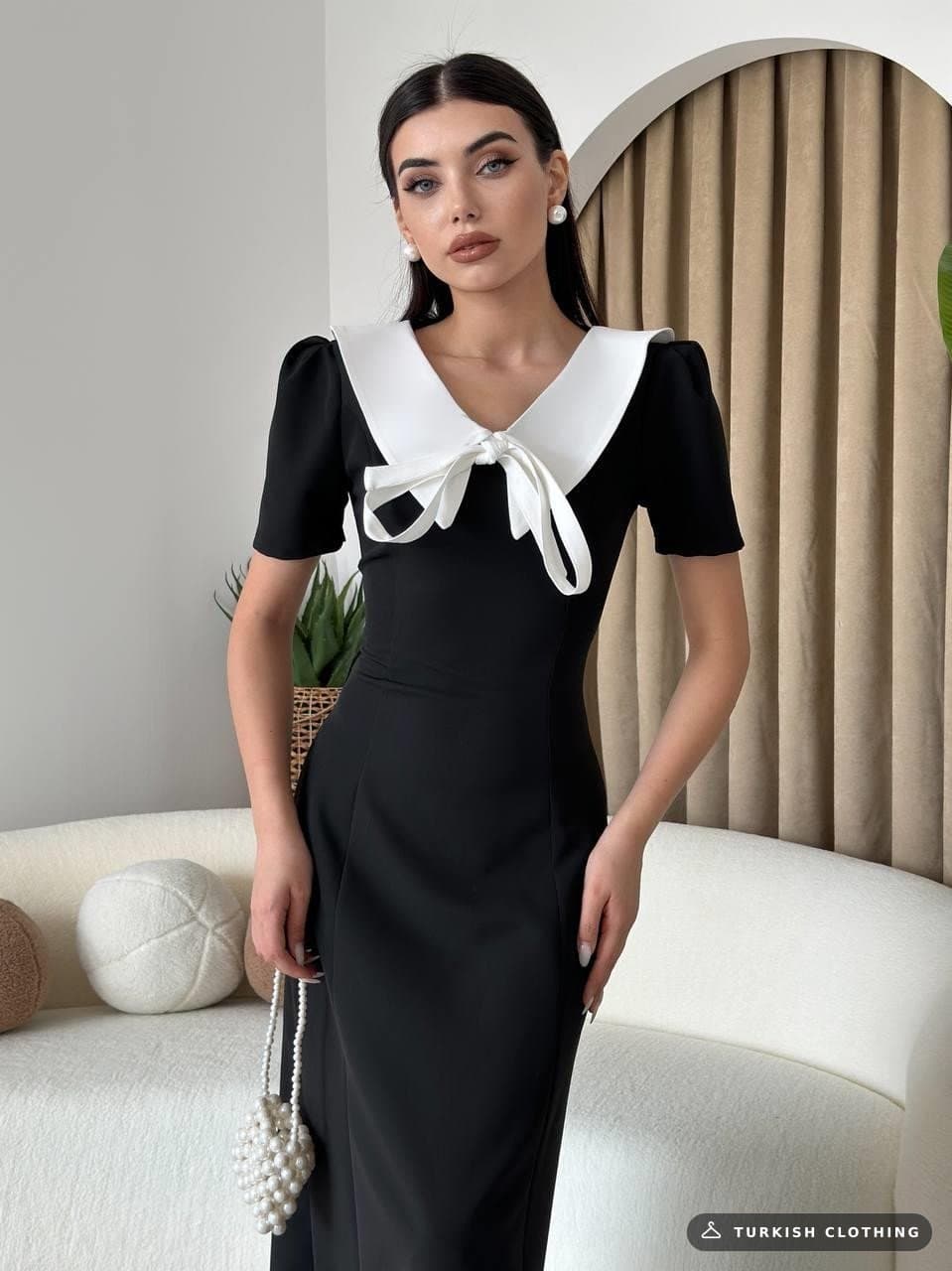 Zerra Collar Ribbon Detail Dress — Black in Poplin – wholesale Women's Dresses by Etika, Turkish clothing manufacturer