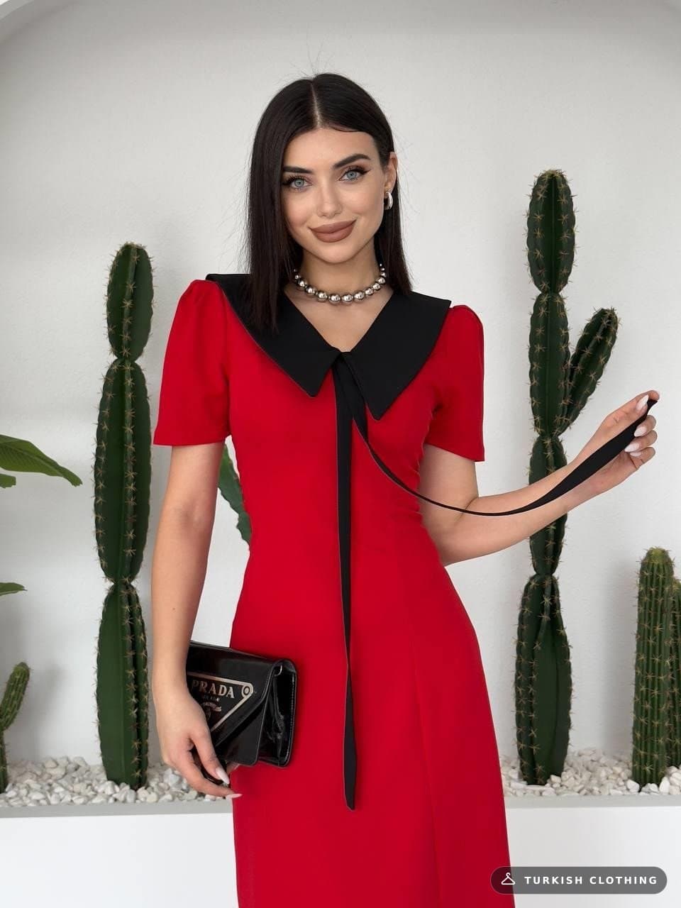 Zerra Collar Ribbon Detail Dress — Red in Poplin – wholesale Women's Dresses by Etika, Turkish clothing manufacturer