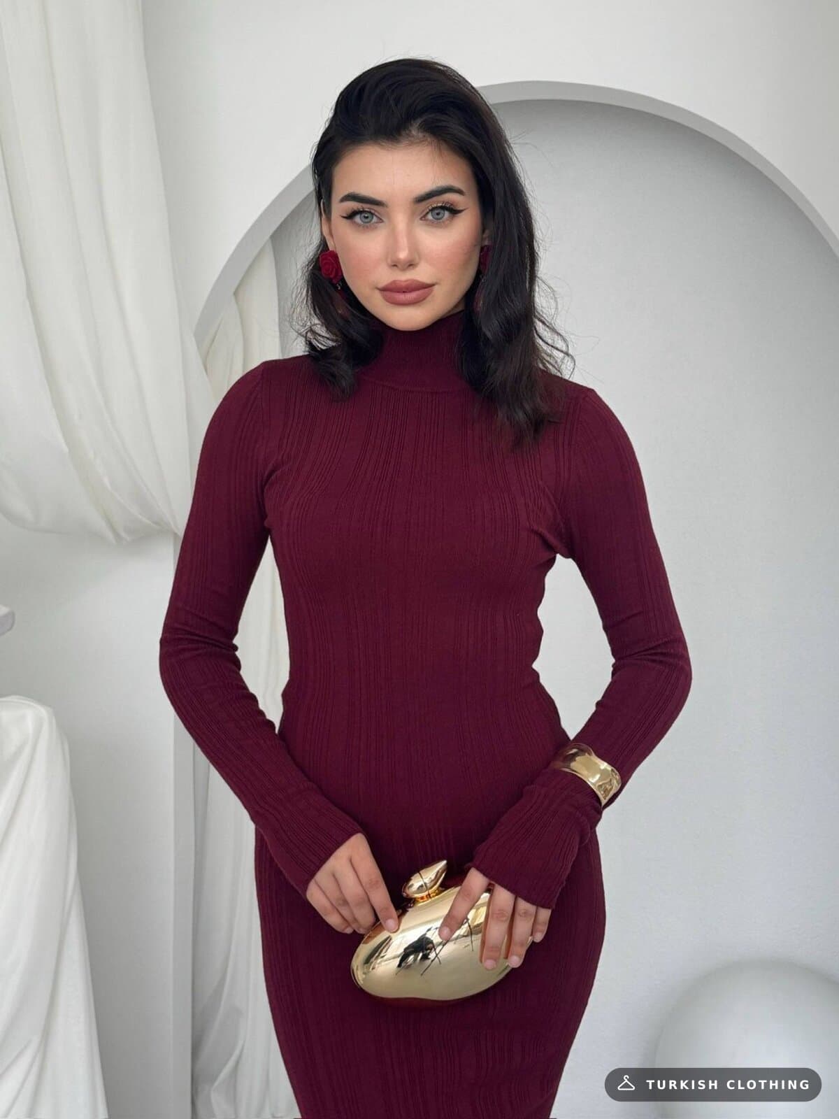 Zuzan Midi Dress — Burgundy in Knitwear – wholesale Women's Dresses by Etika, Turkish clothing manufacturer