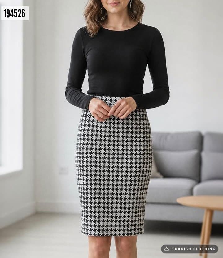 Women's Houndstooth Pattern Raised Diving Skirt, 38672 – wholesale Women's Dresses by Janes, Turkish clothing manufacturer
