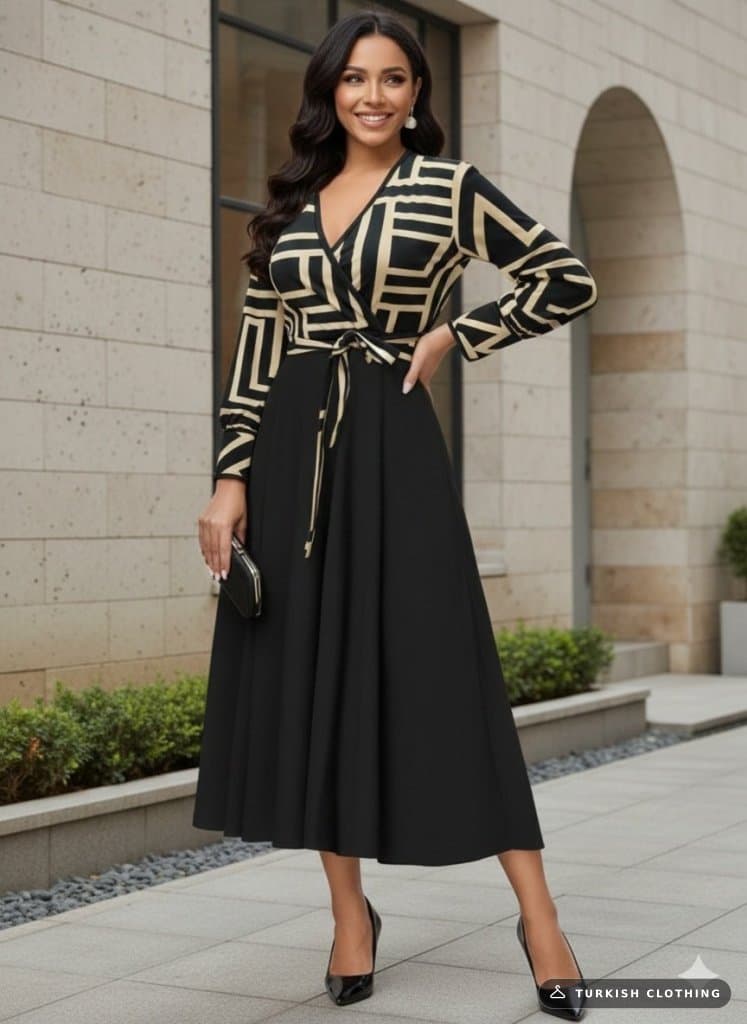 Women's Long Sleeve Double Breasted Collar Diver Crepe Midi Dress, 30129 – wholesale Women's Dresses by Janes, Turkish