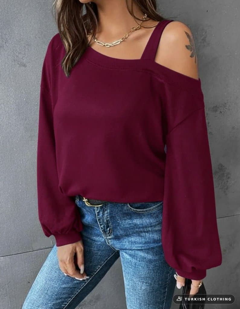 Women's Long Sleeve One Shoulder Strap Detail Casual Diver Blouse, 30573 — Red – wholesale Shirts by Janes, Turkish clothing