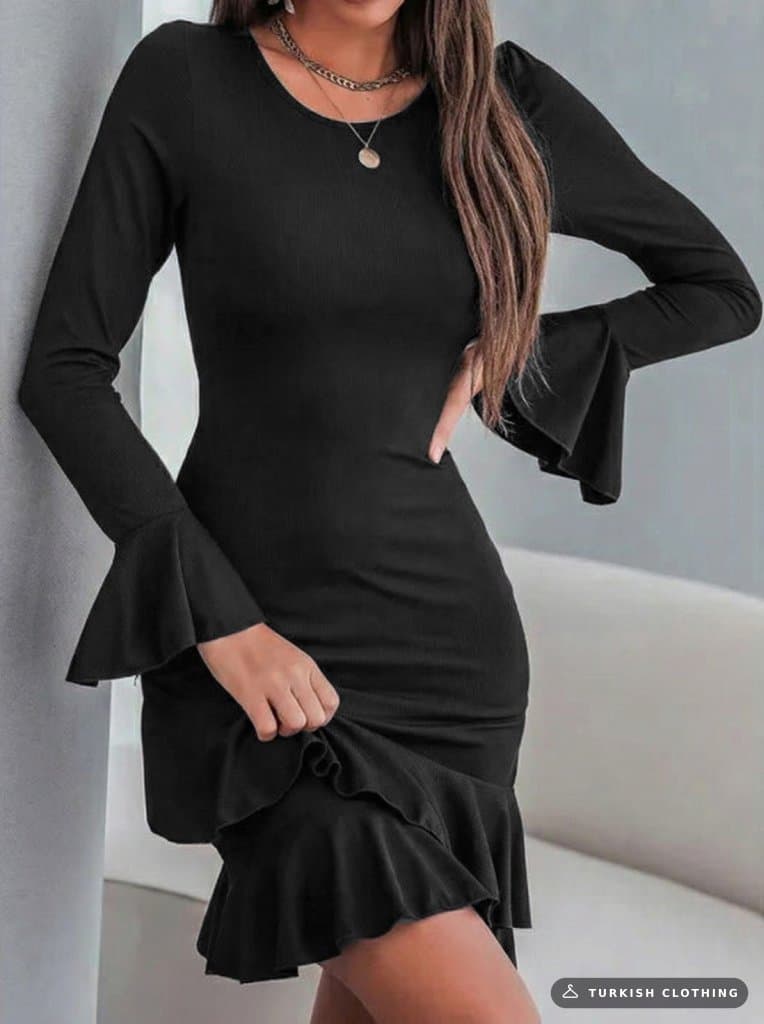Women's Long Sleeve Round Neck Ruffled Flounce Iridescent Crepe Mini Dress, 30464 — Black – wholesale Women's Dresses by