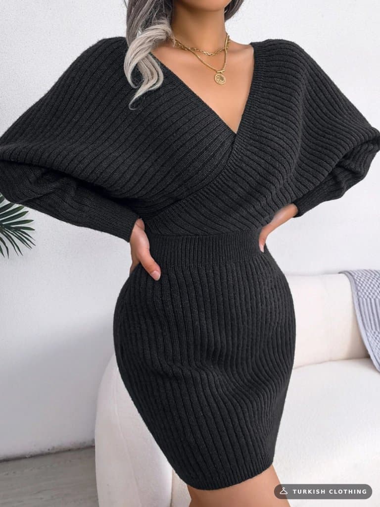 Women's Long Sleeve Double Breasted Wide Collar Mini Knitwear Dress, 30303 — Black – wholesale Women's Dresses by Janes,