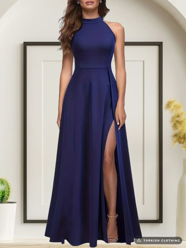 Women's Sleeveless Halter Collar Deep Slit Detail Full Length Imported Crepe Dress, 31258 – wholesale Women's Dresses by