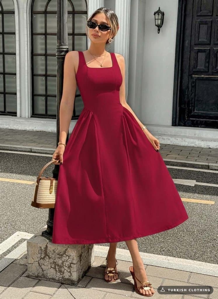 Women's Strappy Square Collar Long Imported Crepe Dress, 36288 — Red – wholesale Women's Dresses by Janes, Turkish clothing