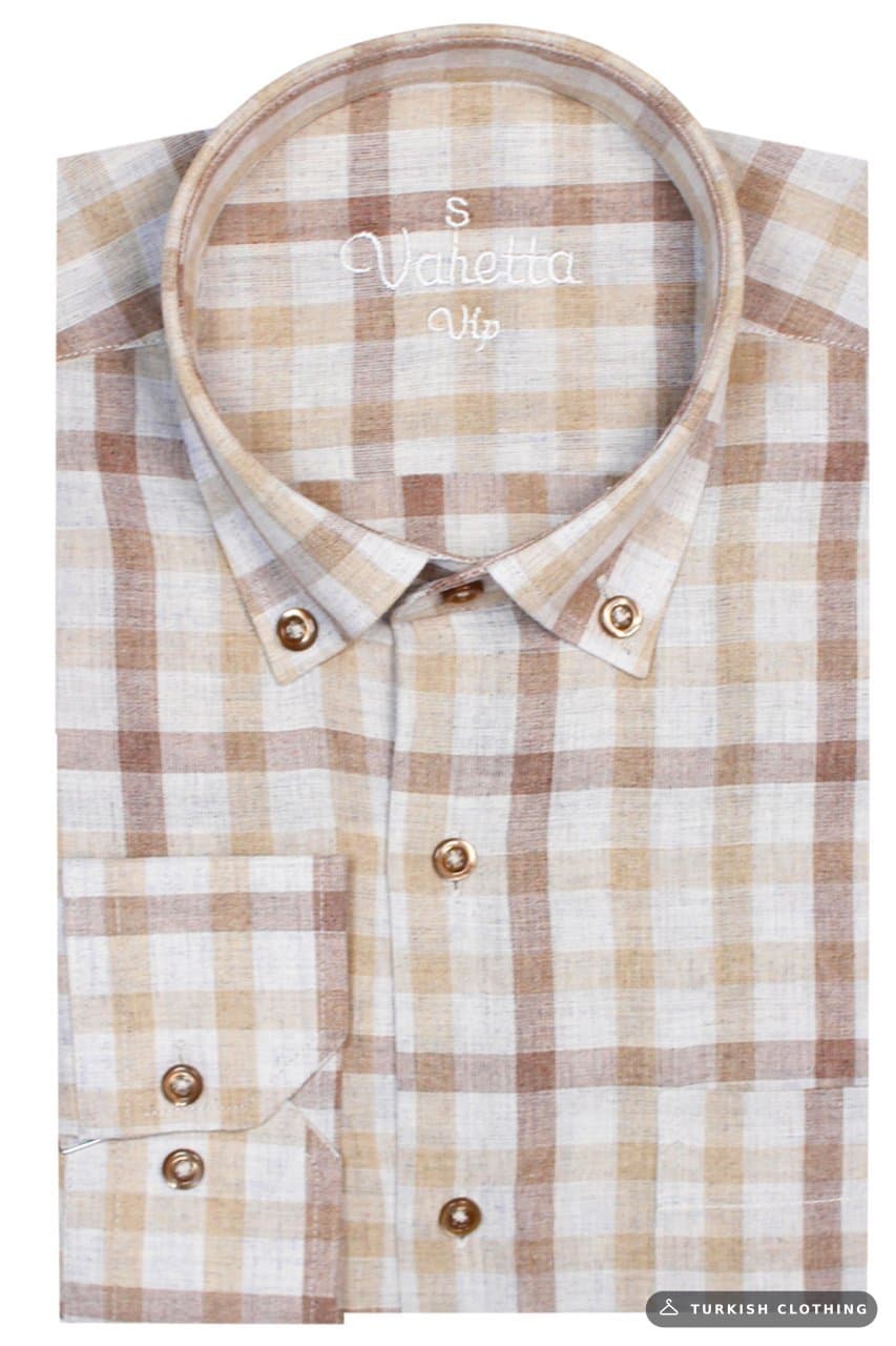 100% Cotton Classic Cut Buttoned Collar Pocket Brown Checkered Men's Shirt – wholesale Shirts by Varetta, Turkish clothing