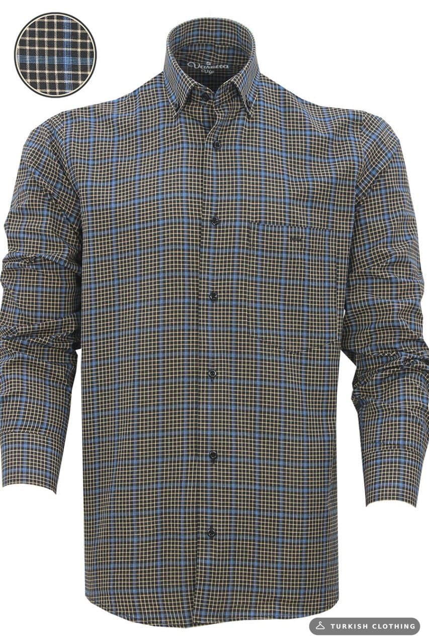 Men's Black Blue Classic Cut Checked Collar Buttoned Single Pocket Long Sleeve Shirt – wholesale Shirts by Varetta, Turkish