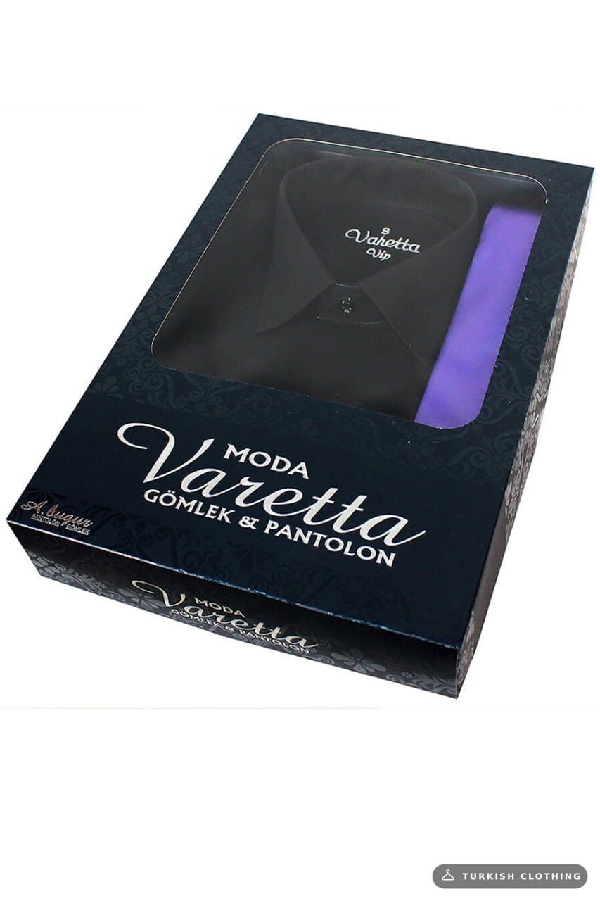 Men's Black Classic Cut Long Sleeve Single Pocket Shirt Lilac Tie Combination Set – wholesale Shirts by Varetta, Turkish
