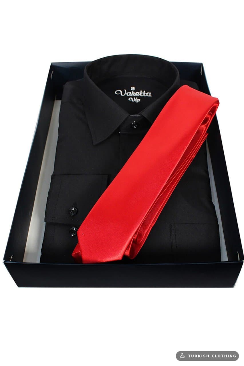 Men's Black Classic Cut Long Sleeve Single Pocket Shirt Red Tie Combination Set – wholesale Shirts by Varetta, Turkish