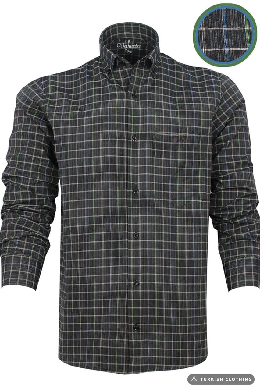 Men's Black Green Classic Cut Checked Collar Buttoned Single Pocket Long Sleeve Shirt – wholesale Shirts by Varetta, Turkish
